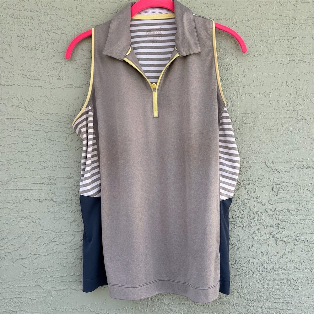 Slazenger Golf Polo Tank Top Womens Size L Gray White Stripe 1/4 Zip